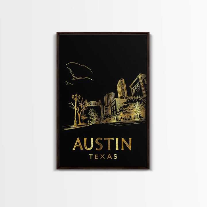 Austin Texas Travel Poster, Canvas Print, Elegant Gold City Art, Austin Travel Art, Home Office Decor, Retro Travel Print, Travel Poster Art