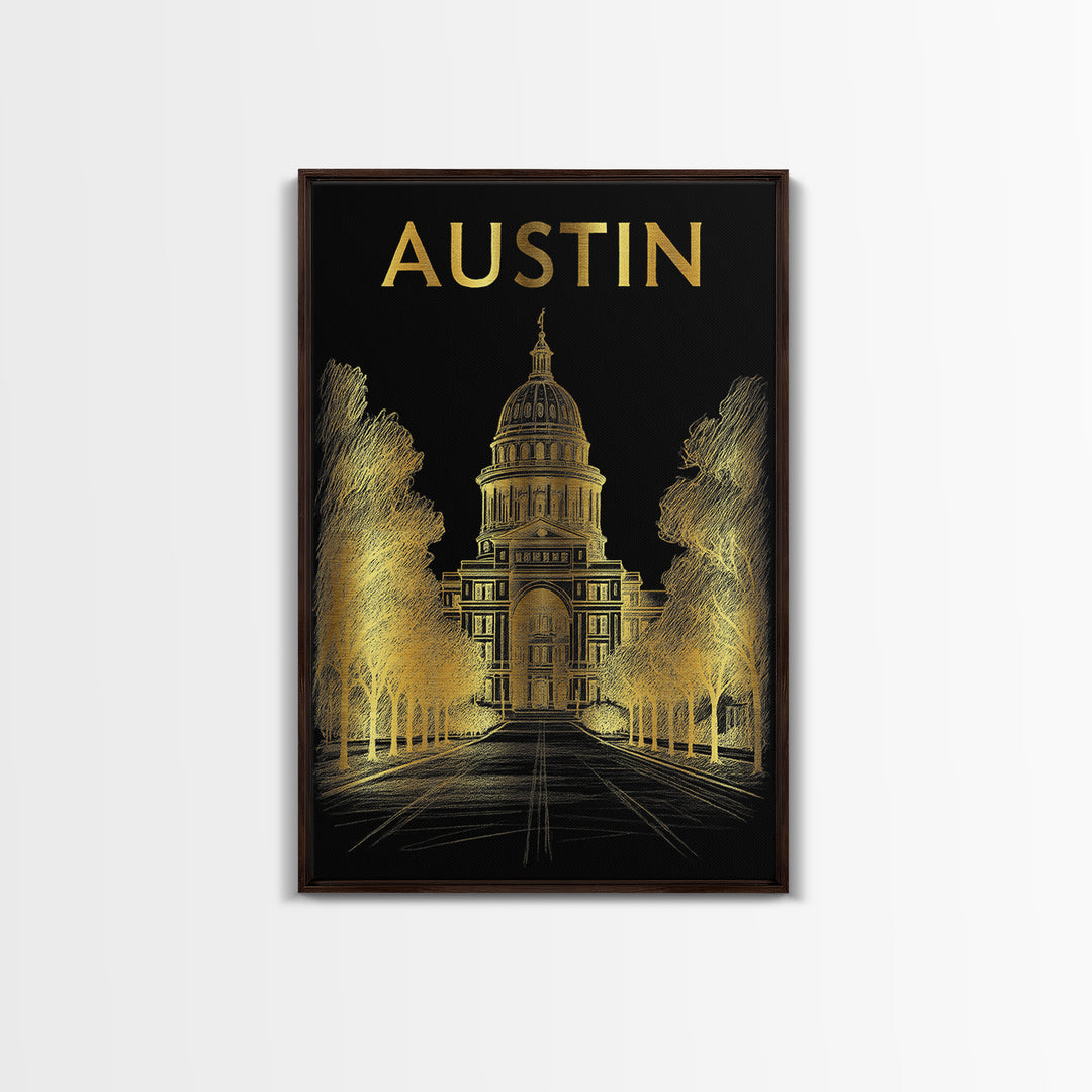 Austin Travel Poster, Framed Canvas Print, Black And Gold Line Art, Austin Poster Print, Gift For Travelers, City Travel Prints