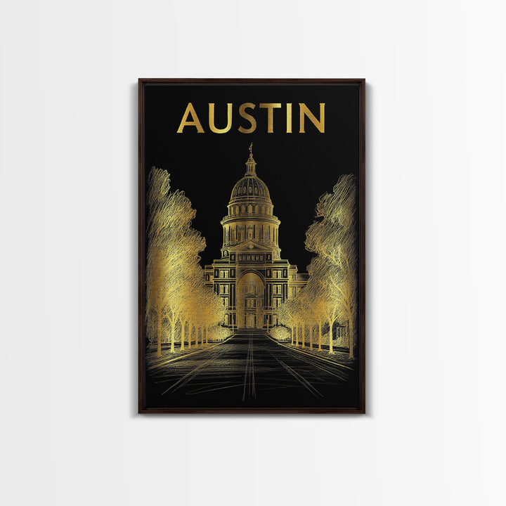 Austin Travel Poster, Framed Canvas Print, Black And Gold Line Art, Austin Poster Print, Gift For Travelers, City Travel Prints