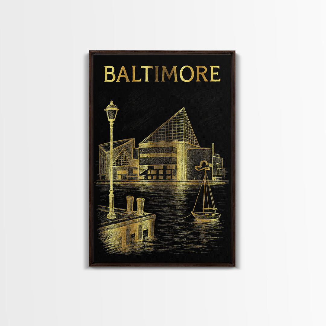 Baltimore Maryland Travel Poster, Framed Canvas Print, Gold Sketch Wall Art, Baltimore Poster Print, Mid Century Wall Art, Wanderlust Decor