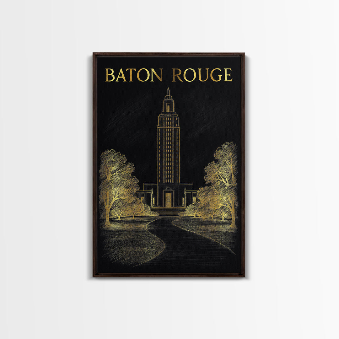 Baton Rouge Louisiana Travel Poster, Canvas Print, Black And Gold Line Art, Baton Rouge Travel Art, Home Office Decor, Eclectic Wall Decor
