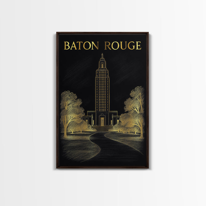 Baton Rouge Louisiana Travel Poster, Canvas Print, Black And Gold Line Art, Baton Rouge Travel Art, Home Office Decor, Eclectic Wall Decor