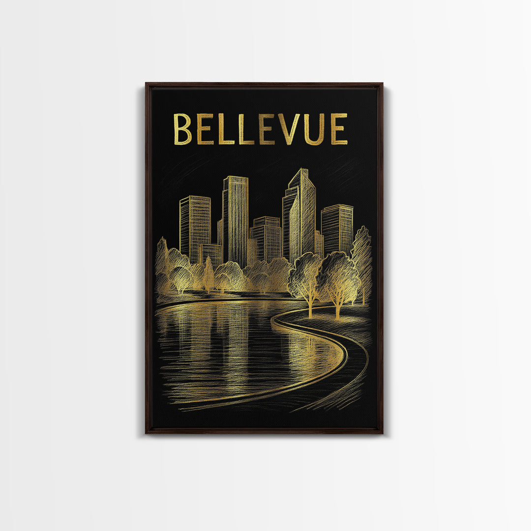 Bellevue Washington Travel Poster, Canvas Print, Black And Gold Line Art, Bellevue City Art, Travel Art Print, Travel Wall Decor, Design 1
