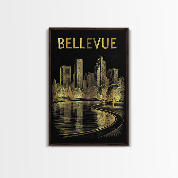 Bellevue Washington Travel Poster, Canvas Print, Black And Gold Line Art, Bellevue City Art, Travel Art Print, Travel Wall Decor, Design 1