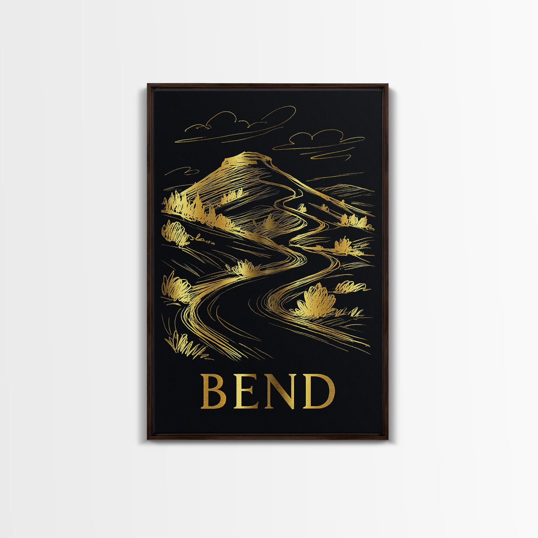 Bend Travel Poster, Framed Canvas Print, Elegant Gold City Art, Bend Wall Art, City Travel Prints, Living Room Wall Art, City Art Print