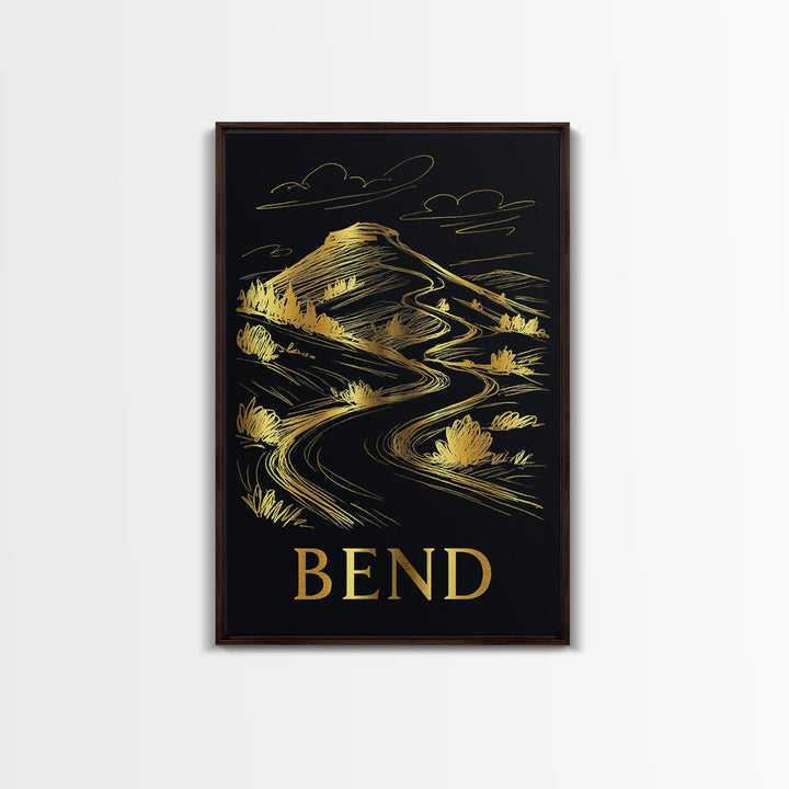 Bend Travel Poster, Framed Canvas Print, Elegant Gold City Art, Bend Wall Art, City Travel Prints, Living Room Wall Art, City Art Print