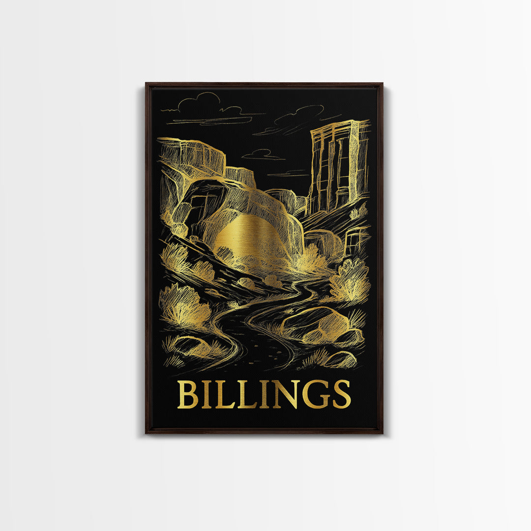 Billings Travel Poster, Framed Canvas Print, Black And Gold Line Art, Billings Travel Art, Retro Travel Print, Travel Poster Set