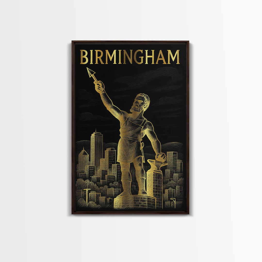 Birmingham Alabama Travel Poster, Framed Canvas Print, Elegant Gold City Art, Birmingham Art Print, Retro Travel Print, Travel Wall Decor