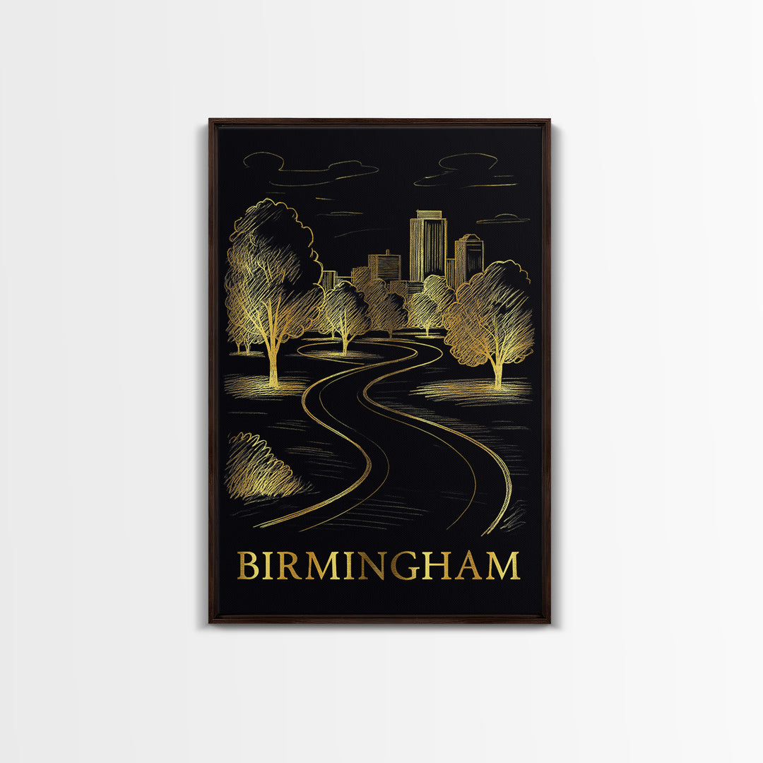 Birmingham Travel Poster, Framed Canvas Print, Elegant Gold City Art, Birmingham Travel Art, Modern Wall Decor, Living Room Wall Art