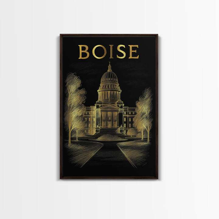 Boise Idaho Travel Poster, Canvas Print, Gold Sketch Wall Art, Boise Wall Art, Travel Poster Set, Vintage Travel Print, City Art Print
