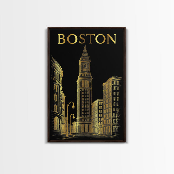 Boston Massachusetts Travel Poster, Canvas Print, Black And Gold Line Art, Boston Art Print, Wall Art, Fine Art Print, Wall Decor