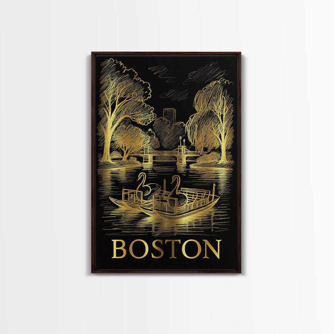 Boston Travel Poster, Canvas Print, Elegant Gold City Art, Boston Wall Art, Travel Poster Art, City Illustration, Travel Wall Decor