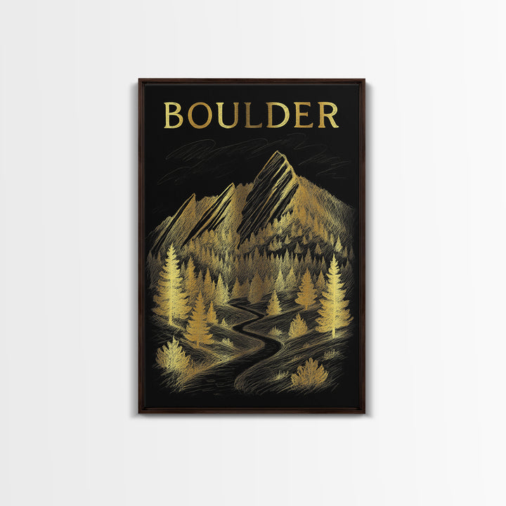 Boulder Colorado Travel Poster, Framed Canvas Print, Black And Gold Line Art, Boulder Travel Art, City Illustration, Mid Century Wall Art