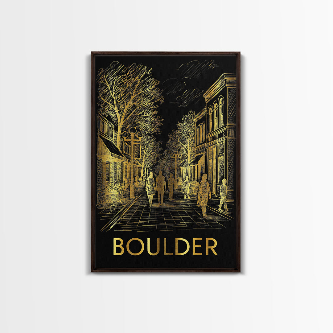 Boulder Travel Poster, Canvas Print, Elegant Gold City Art, Boulder Poster Print, Watercolor Urban Skyline, Travel Wall Art, Poster Art