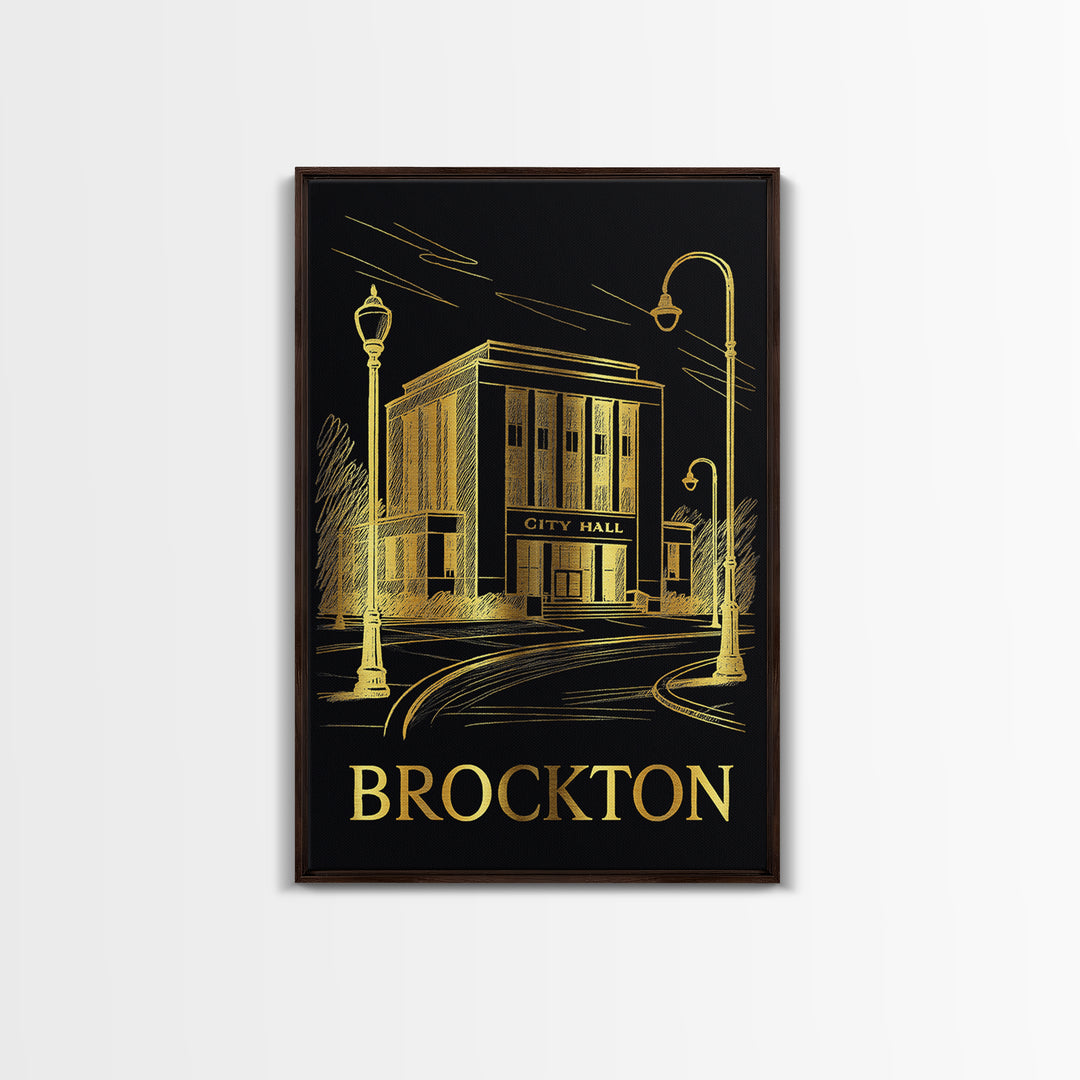Brockton Travel Poster, Framed Canvas Print, Dark Background Poster Art, Brockton Travel Art, Mid Century Wall Art, Home Office Decor