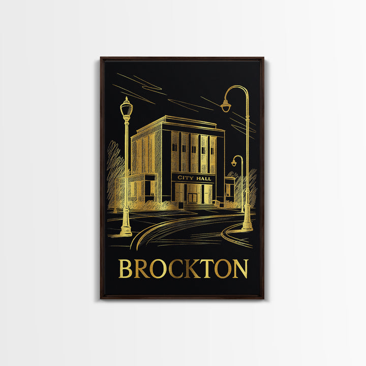 Brockton Travel Poster, Framed Canvas Print, Dark Background Poster Art, Brockton Travel Art, Mid Century Wall Art, Home Office Decor