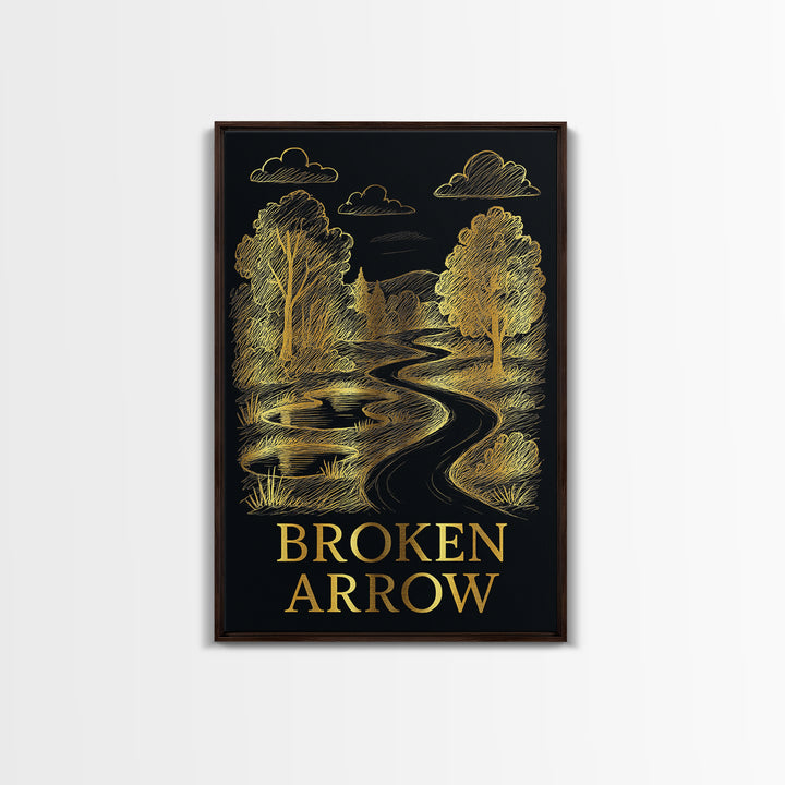 Broken Arrow Oklahoma Travel Poster, Canvas Print, Black And Gold Line Art, Broken Arrow Poster Print, City Travel Prints, Fine Art Print