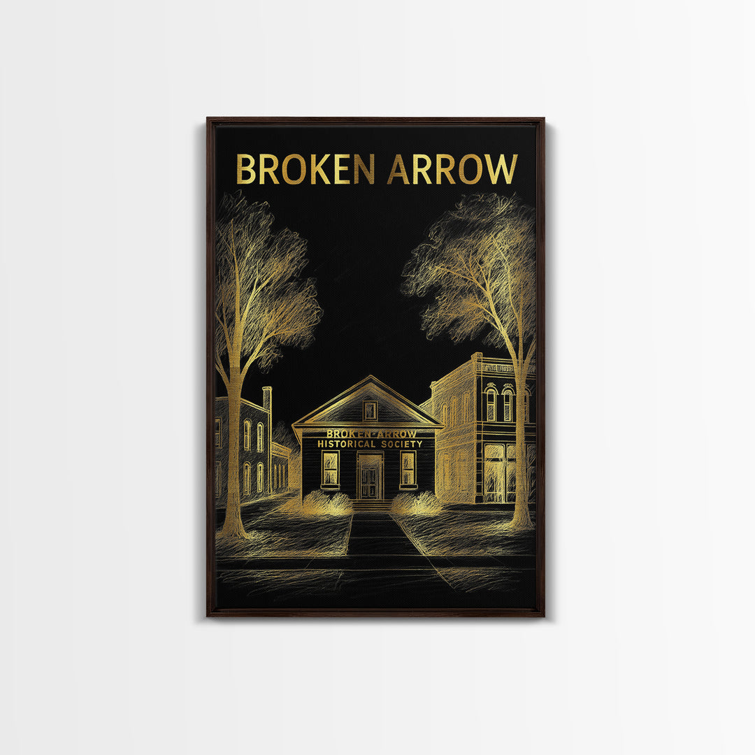 Broken Arrow Travel Poster, Canvas Print, Black And Gold Line Art, Broken Arrow Travel Art, Travel Wall Decor, City Travel Prints