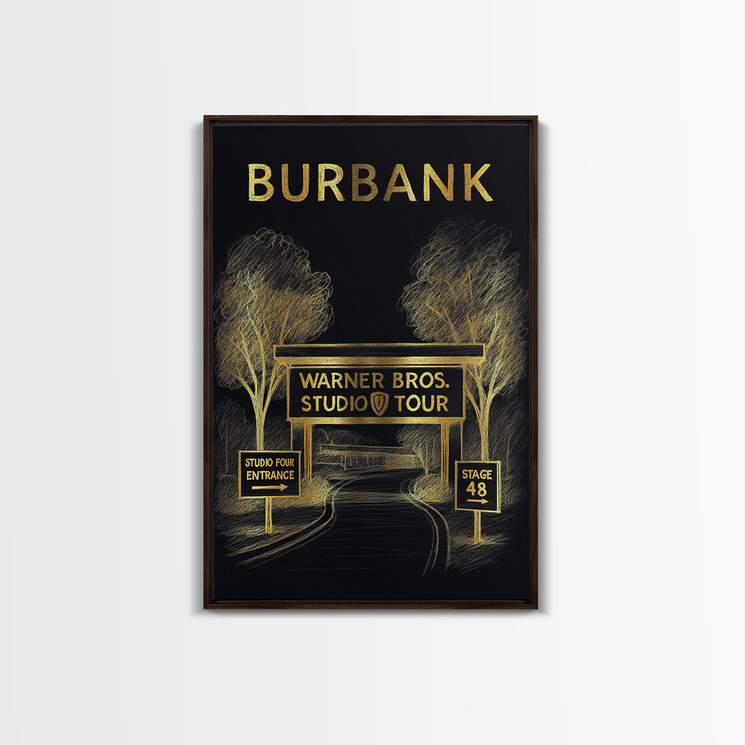 Burbank California Travel Poster, Canvas Print, Gold Sketch Wall Art, Burbank City Art, Retro Travel Print, City Illustration, Office Decor