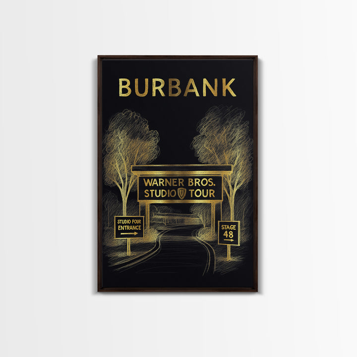 Burbank California Travel Poster, Canvas Print, Gold Sketch Wall Art, Burbank City Art, Retro Travel Print, City Illustration, Office Decor