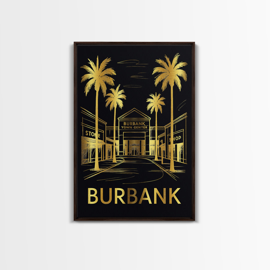 Burbank Travel Poster, Framed Canvas Print, Black And Gold Line Art, Burbank Wall Art, Vintage City Art, Retro Travel Print, Travel Gift