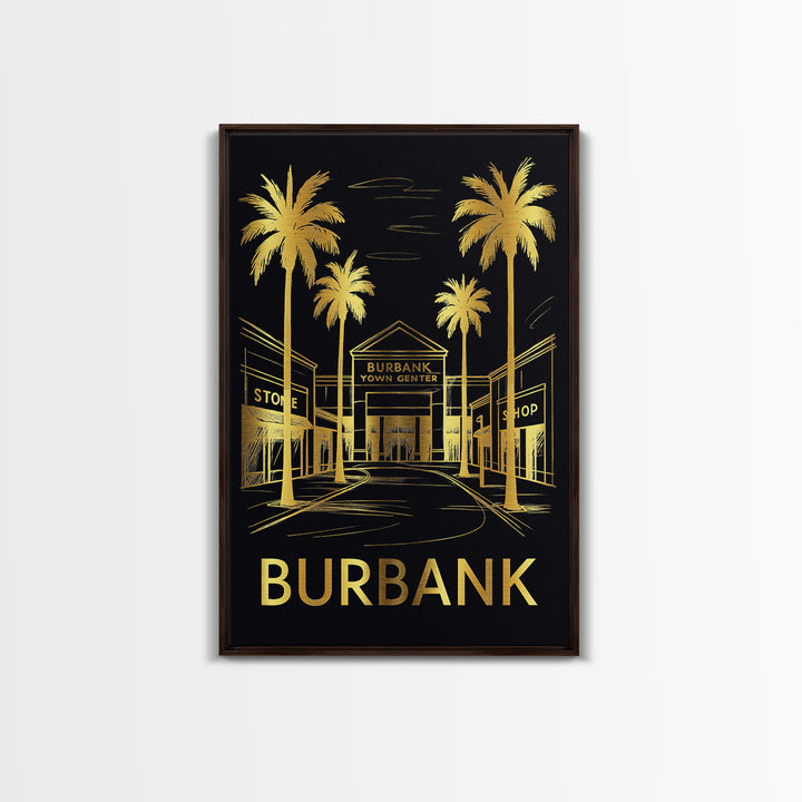 Burbank Travel Poster, Framed Canvas Print, Black And Gold Line Art, Burbank Wall Art, Vintage City Art, Retro Travel Print, Travel Gift