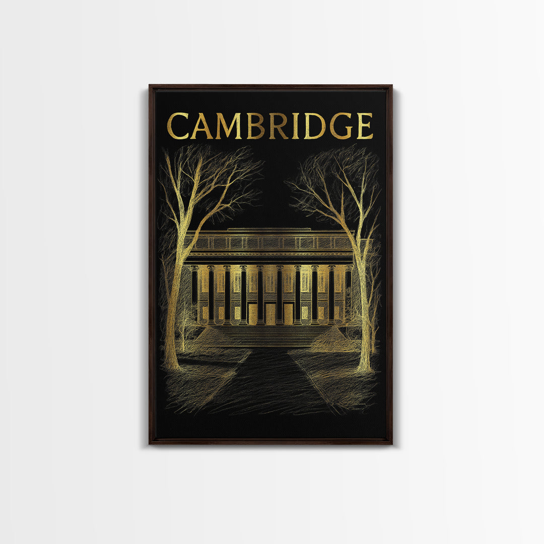 Cambridge Massachusetts Travel Poster, Canvas Print, Gold Sketch Wall Art, Cambridge Poster Print, Wall Decor, Travel Print, Poster Art