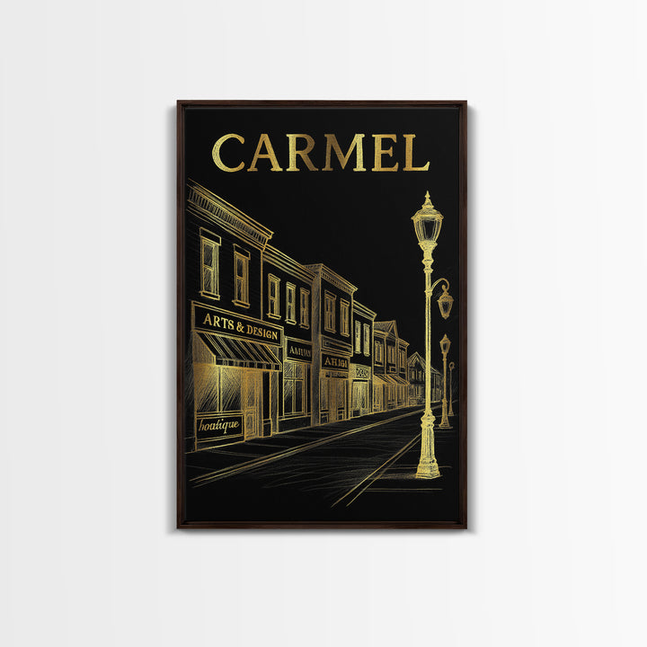 Carmel Indiana Travel Poster, Canvas Print, Elegant Gold City Art, Carmel Art Print, Retro Travel Print, Travel Wall Decor, City Art Print