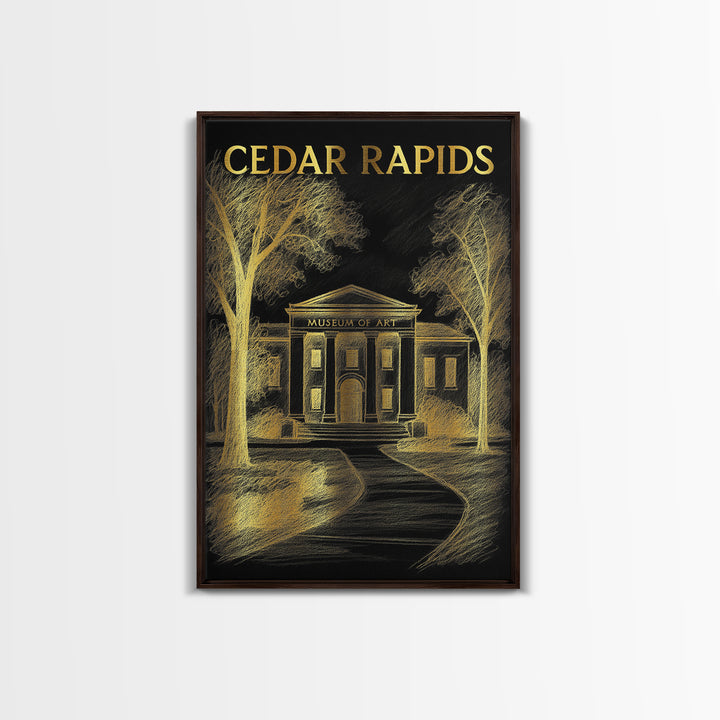 Cedar Rapids Iowa Travel Poster, Canvas Print, Elegant Gold City Art, Cedar Rapids City Art, City Travel Prints, Mid Century Wall Art