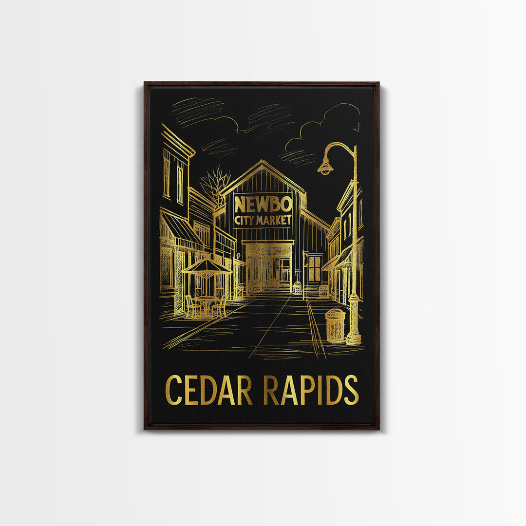 Cedar Rapids Travel Poster, Framed Canvas Print, Gold Sketch Wall Art, Cedar Rapids Art Print, Home Office Decor, Mid Century Wall Art