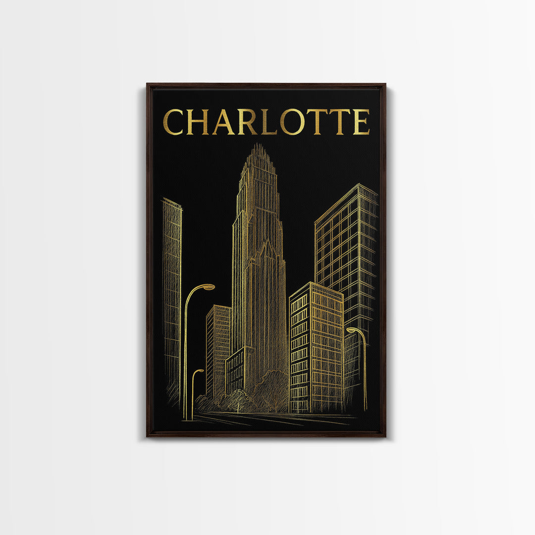 Charlotte North Carolina Travel Poster, Canvas Print, Dark Background Poster Art, Charlotte Travel Art, City Poster, Watercolor City Skyline