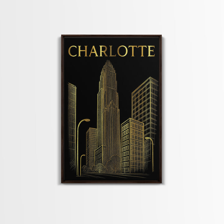Charlotte North Carolina Travel Poster, Canvas Print, Dark Background Poster Art, Charlotte Travel Art, City Poster, Watercolor City Skyline