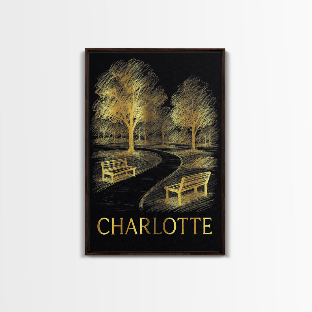 Charlotte Travel Poster, Framed Canvas Print, Dark Background Poster Art, Charlotte Art Print, Watercolor Skyline, Travel Poster Set