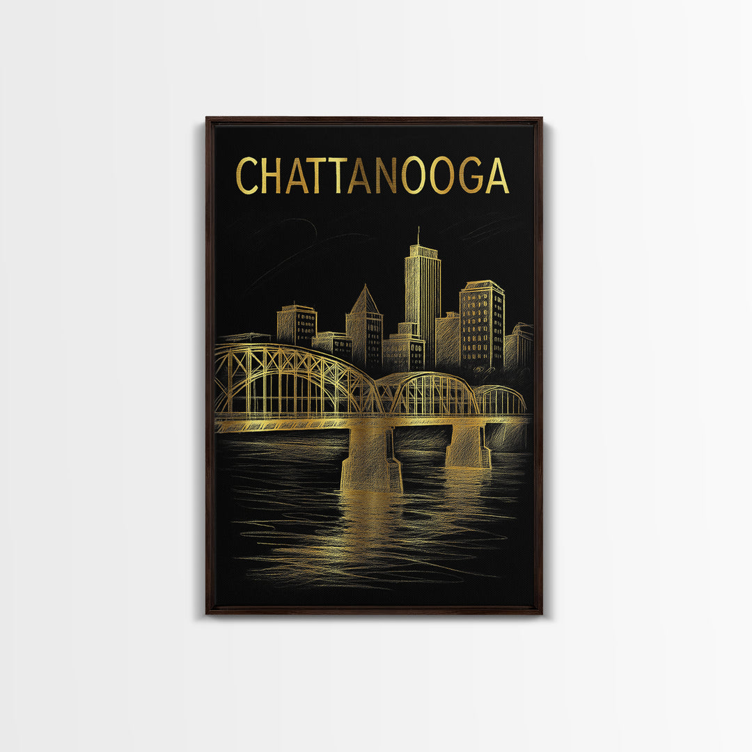 Chattanooga Tennessee Travel Poster, Canvas Print, Black And Gold Line Art, Chattanooga Wall Art, Living Room Wall Art, Travel Wall Decor