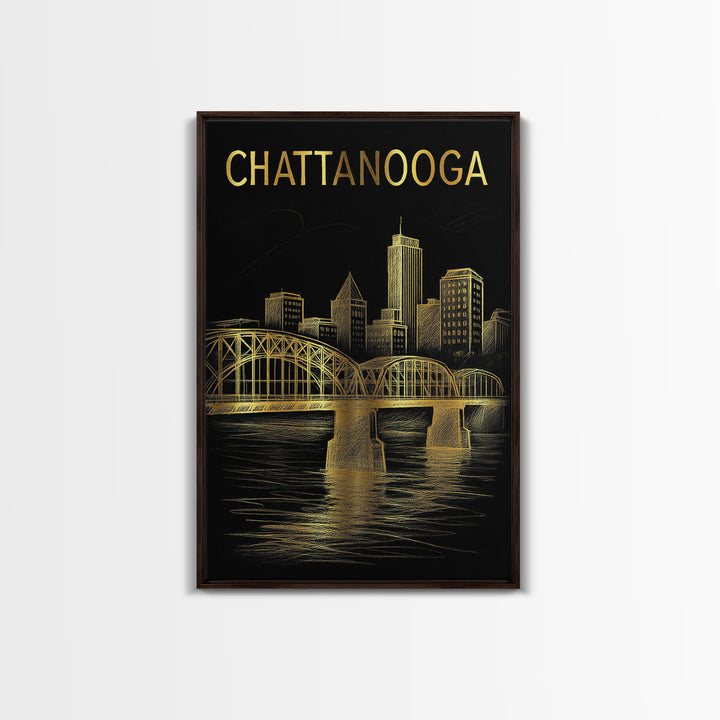 Chattanooga Tennessee Travel Poster, Canvas Print, Black And Gold Line Art, Chattanooga Wall Art, Living Room Wall Art, Travel Wall Decor