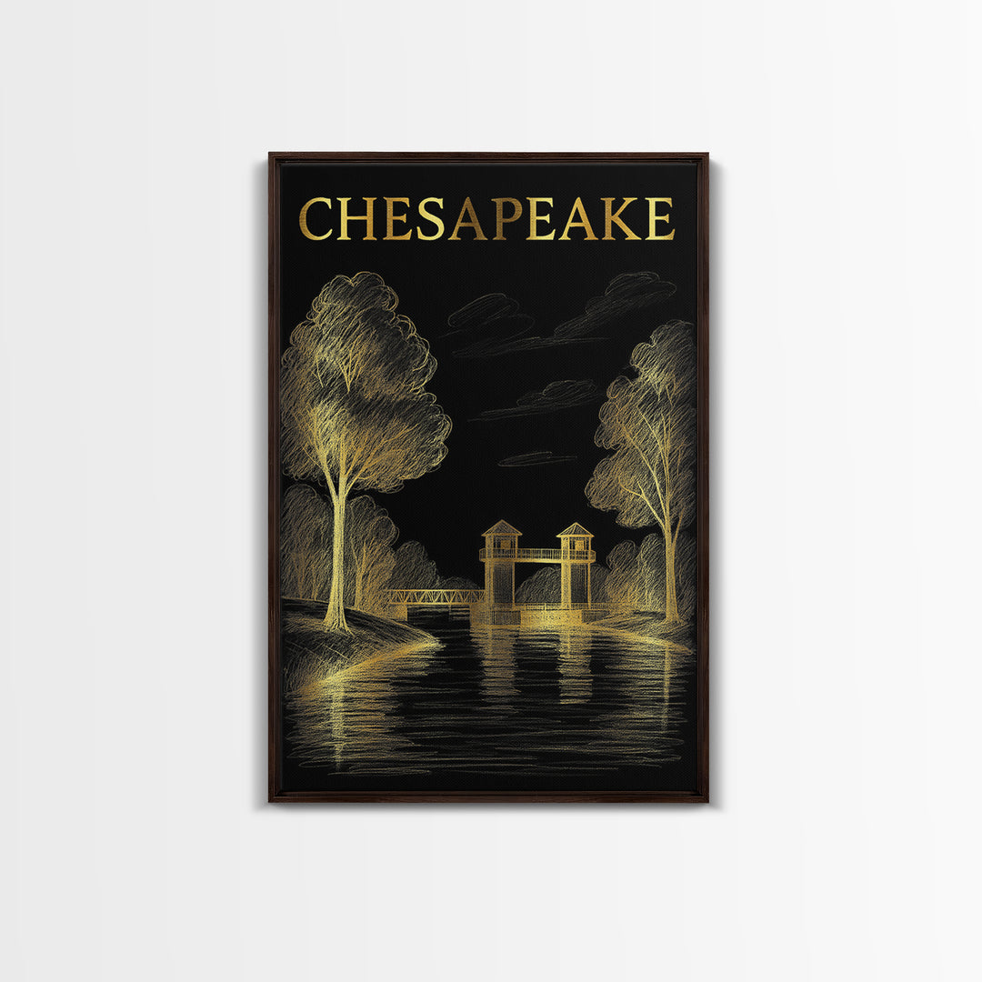 Chesapeake Virginia Travel Poster, Framed Canvas Print, Black And Gold Line Art, Chesapeake Art Print, Travel Poster Set, Vintage Travel Art