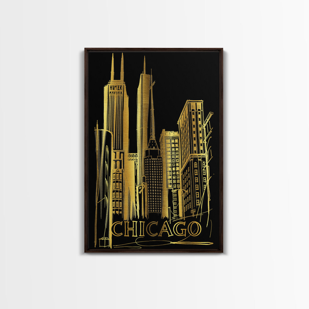 Chicago Illinois Travel Poster, Canvas Print, Black And Gold Line Art, Chicago Travel Art, Mid Century Wall Art, Wall Art, Wall Art