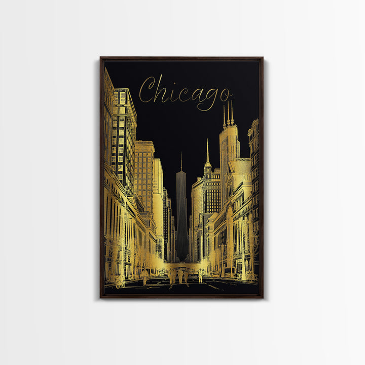 Chicago Travel Poster, Canvas Print, Elegant Gold City Art, Chicago Wall Art, Travel Poster Art, Travel Wall Decor, Travel Art Print