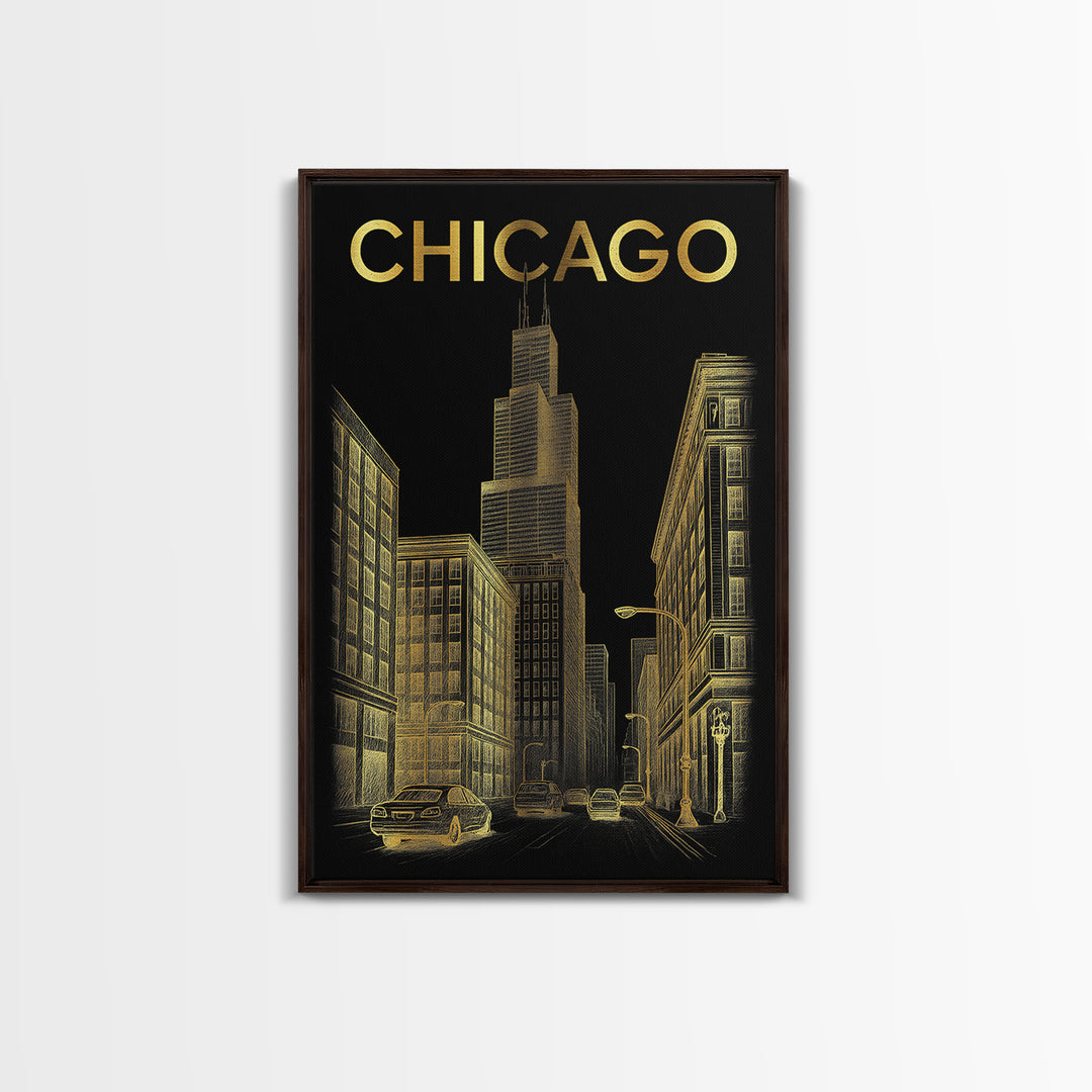 Chicago Travel Poster, Canvas Print, Elegant Gold City Art, Chicago City Art, Fine Art Print, City Travel Prints, Travel Wall Decor