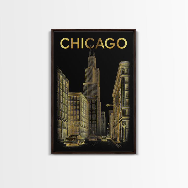 Chicago Travel Poster, Canvas Print, Elegant Gold City Art, Chicago City Art, Fine Art Print, City Travel Prints, Travel Wall Decor