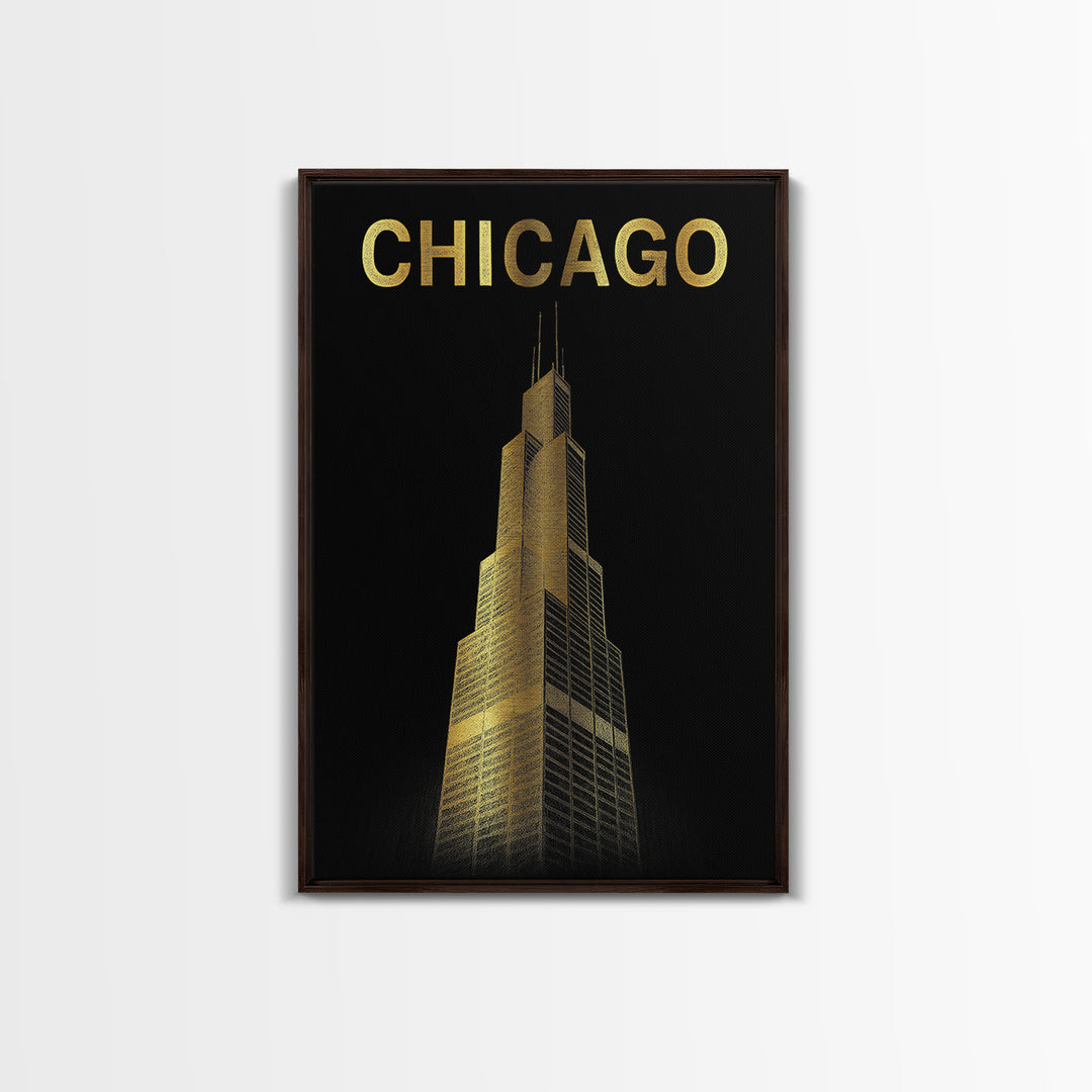 Chicago Travel Poster, Framed Canvas Print, Gold Sketch Wall Art, Chicago Travel Art, Mid Century Wall Art, Travel Poster Art, Design 6
