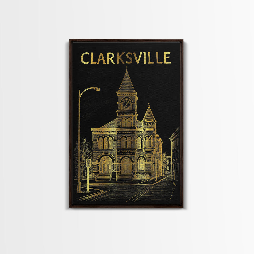 Clarksville Tennessee Travel Poster, Canvas Print, Gold Sketch Wall Art, Clarksville Travel Art, Wall Decor, City Travel Prints, Poster Art