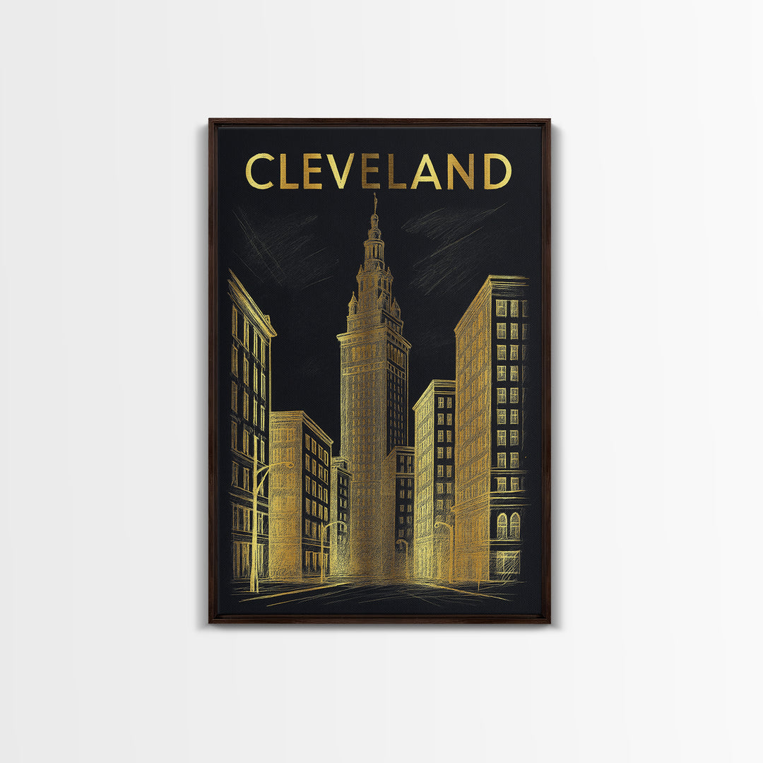Cleveland Ohio Travel Poster, Framed Canvas Print, Elegant Gold City Art, Cleveland Wall Art, Fine Art Print, Travel Poster Set, Home Decor