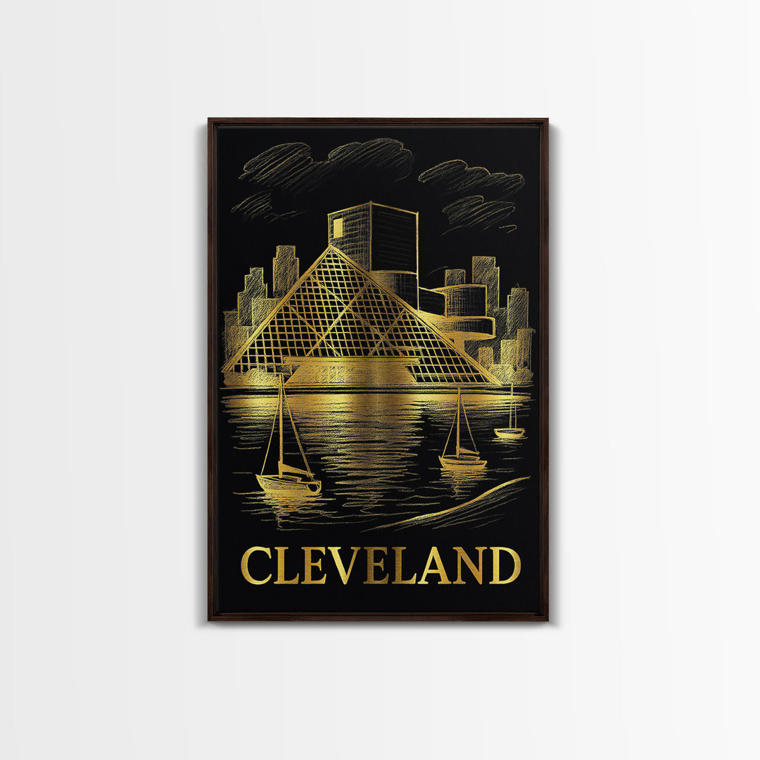 Cleveland Travel Poster, Framed Canvas Print, Gold Sketch Wall Art, Cleveland Travel Art, City Travel Prints, Mid Century Wall Art