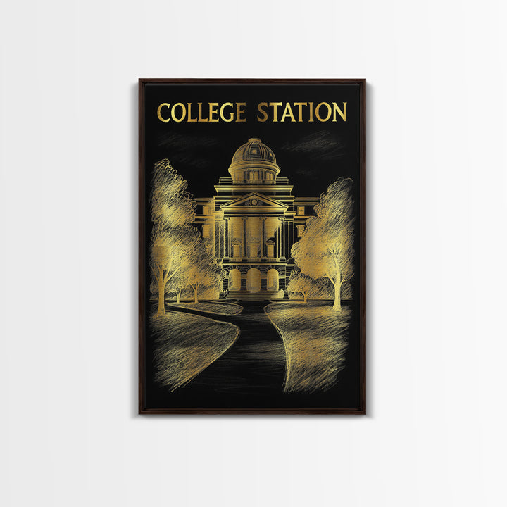 College Station Texas Travel Poster, Framed Canvas Print, Black And Gold Line Art, College Station Art Print, Eclectic Wall Decor, Art Print