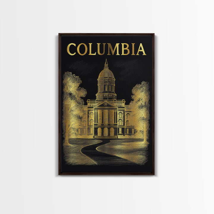 Columbia Travel Poster, Framed Canvas Print, Black And Gold Line Art, Columbia City Art, Home Office Decor, Travel Wall Decor, Design 2