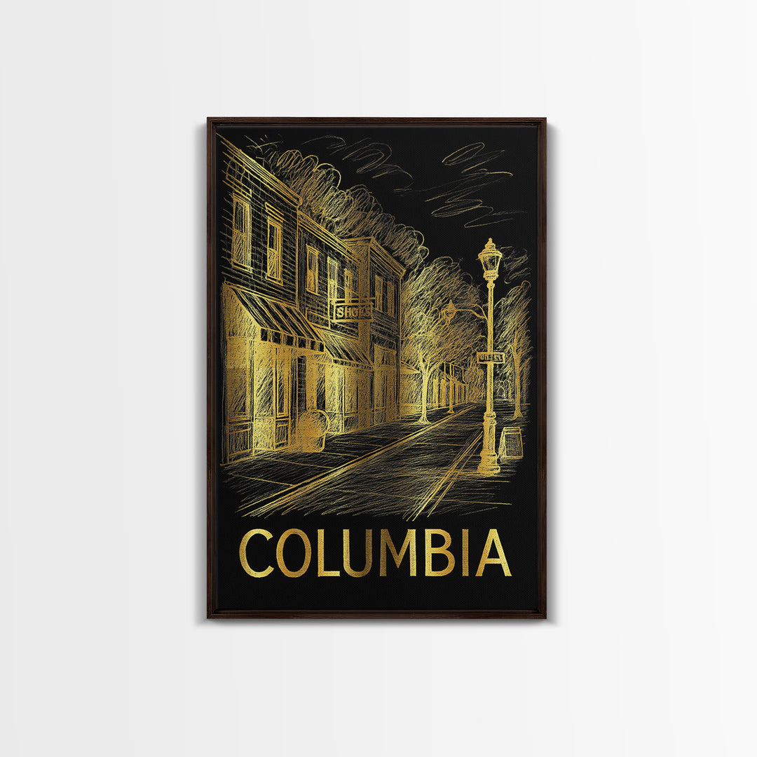 Columbia Travel Poster, Framed Canvas Print, Black And Gold Line Art, Columbia Poster Print, Retro Travel Print, Vintage City Poster