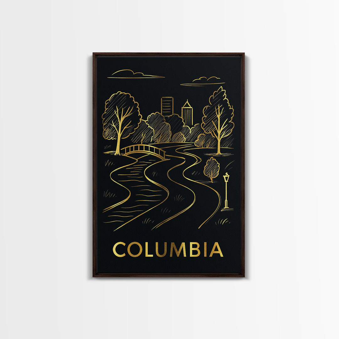 Columbia Travel Poster, Framed Canvas Print, Dark Background Poster Art, Columbia Travel Art, Living Room Wall Art, Vintage Travel Print