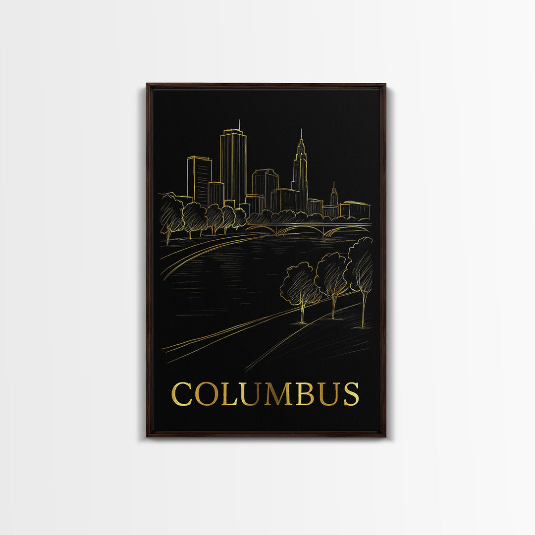 Columbus Travel Poster, Framed Canvas Print, Gold Sketch Wall Art, Columbus Art Print, Gift For Travelers, Vintage Travel Art, Design 5