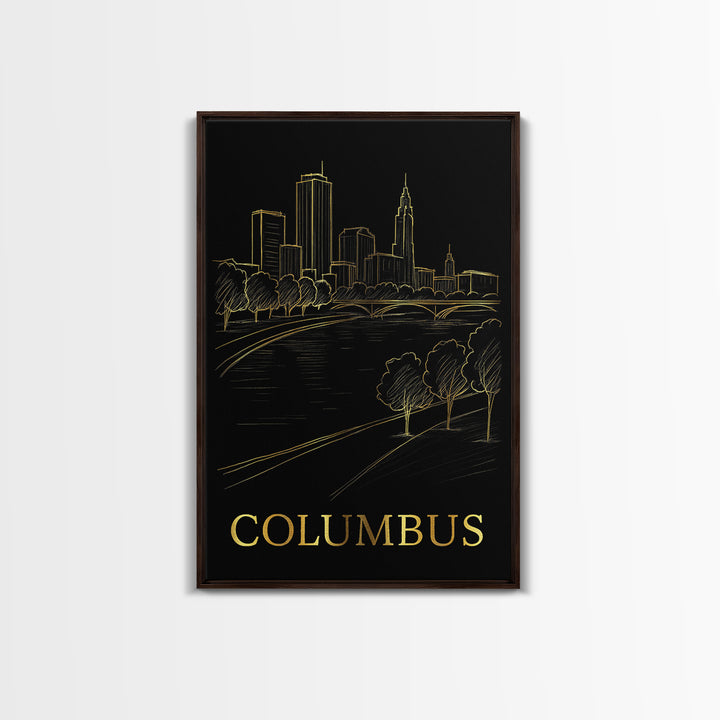 Columbus Travel Poster, Framed Canvas Print, Gold Sketch Wall Art, Columbus Art Print, Gift For Travelers, Vintage Travel Art, Design 5